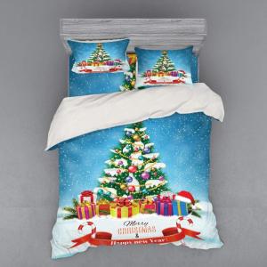 Ambesonne Christmas Bedding Set, New Year Tree Surrounded by Surprise Boxes Noel Yuletide Concept Artwork Print, 4 Piece Duvet Cover Set with Shams and Fitted Sheet, Queen Size, Multicolor(Multicolor)