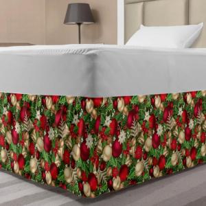 Ambesonne Christmas Elastic Bed Skirt, Tree Branches Spruce Leaves Balls Bells Cones Poinsettia Flowers Mistletoe Berry, Wrap Around Fabric Bedskirt Dust Ruffle for Bedroom, King, Ruby Green(Ruby Green)