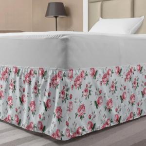 Ambesonne Christmas Elastic Bed Skirt, Tree Branches Spruce Leaves Balls Bells Cones Poinsettia Flowers Mistletoe Berry, Wrap Around Fabric Bedskirt Dust Ruffle for Bedroom, King, Ruby Green(Rose Pink)