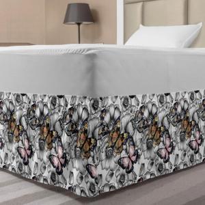 Ambesonne Christmas Elastic Bed Skirt, Tree Branches Spruce Leaves Balls Bells Cones Poinsettia Flowers Mistletoe Berry, Wrap Around Fabric Bedskirt Dust Ruffle for Bedroom, King, Ruby Green(Pink Orange)
