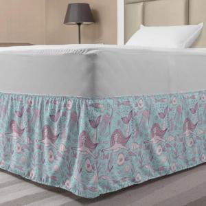 Ambesonne Christmas Elastic Bed Skirt, Tree Branches Spruce Leaves Balls Bells Cones Poinsettia Flowers Mistletoe Berry, Wrap Around Fabric Bedskirt Dust Ruffle for Bedroom, King, Ruby Green(Blue Grey)