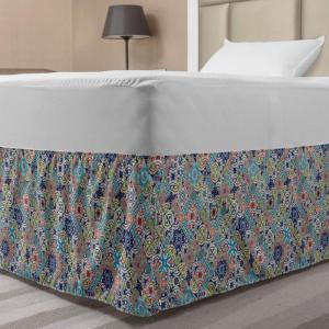 Ambesonne Christmas Elastic Bed Skirt, Tree Branches Spruce Leaves Balls Bells Cones Poinsettia Flowers Mistletoe Berry, Wrap Around Fabric Bedskirt Dust Ruffle for Bedroom, King, Ruby Green(Aqua Blue)