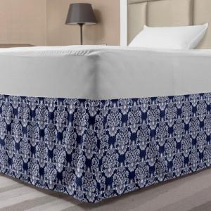 Ambesonne Christmas Elastic Bed Skirt, Tree Branches Spruce Leaves Balls Bells Cones Poinsettia Flowers Mistletoe Berry, Wrap Around Fabric Bedskirt Dust Ruffle for Bedroom, King, Ruby Green(Blue White)