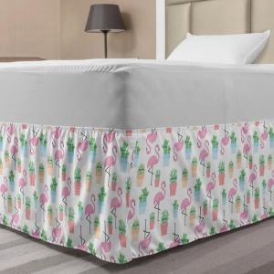 Ambesonne Christmas Elastic Bed Skirt, Tree Branches Spruce Leaves Balls Bells Cones Poinsettia Flowers Mistletoe Berry, Wrap Around Fabric Bedskirt Dust Ruffle for Bedroom, King, Ruby Green(Pink Green)