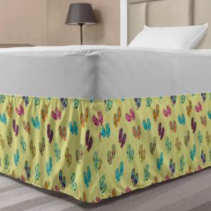 Ambesonne Christmas Elastic Bed Skirt, Tree Branches Spruce Leaves Balls Bells Cones Poinsettia Flowers Mistletoe Berry, Wrap Around Fabric Bedskirt Dust Ruffle for Bedroom, King, Ruby Green(Pale Yellow)