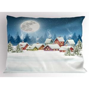 Ambesonne Christmas Pillow Sham, Santa Claus Reindeer and Penguin Cartoon Characters Fun Celebration, Decorative Standard Queen Size Printed Pillowcase, 30″ X 20″, Pale Brown Scarlet Grey(Blue White)