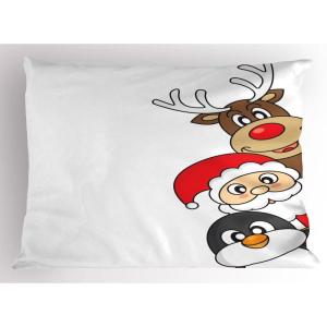 Ambesonne Christmas Pillow Sham, Santa Claus Reindeer and Penguin Cartoon Characters Fun Celebration, Decorative Standard Queen Size Printed Pillowcase, 30″ X 20″, Pale Brown Scarlet Grey(Pale Brown Scarlet Grey)