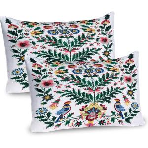 Ambesonne Christmas Pillow Sham Set of 2, Traditional Scandi Art of Xmas Berry Leaves Birds and Floral Colorful, Quality Microfiber Bedding Item for All Seasons, 30″ x 20″, Green White Multicolor