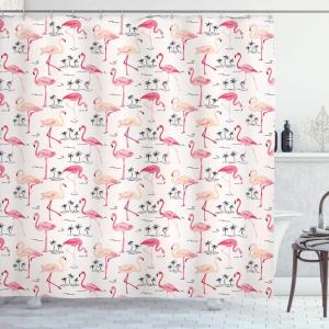 Ambesonne Flamingo Shower Curtain, Flamingos in Vintage Style Illustration Love and Romantic Animals Art Print, Cloth Fabric Bathroom Decor Set with Hooks, 69″ W x 70″ L, Beige Pink