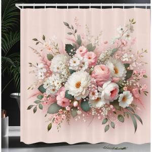 Ambesonne Floral Shower Curtain, Delicate Pink Bouquet of Spring Nature Blossoms Romantic Design Print, Cloth Fabric Bathroom Decor Set with Hooks, 69″ W x 84″ L, Rose Sage Green and White(Rose Sage Green and White)