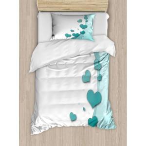 Ambesonne Turquoise Duvet Cover Set, Valentines Day Romance Art with Hearts Stars Wedding Happiness Theme, Decorative 3 Piece Bedding Set with 2 Pillow Shams, Queen Size, Turquoise Teal White(Turquoise Teal White)