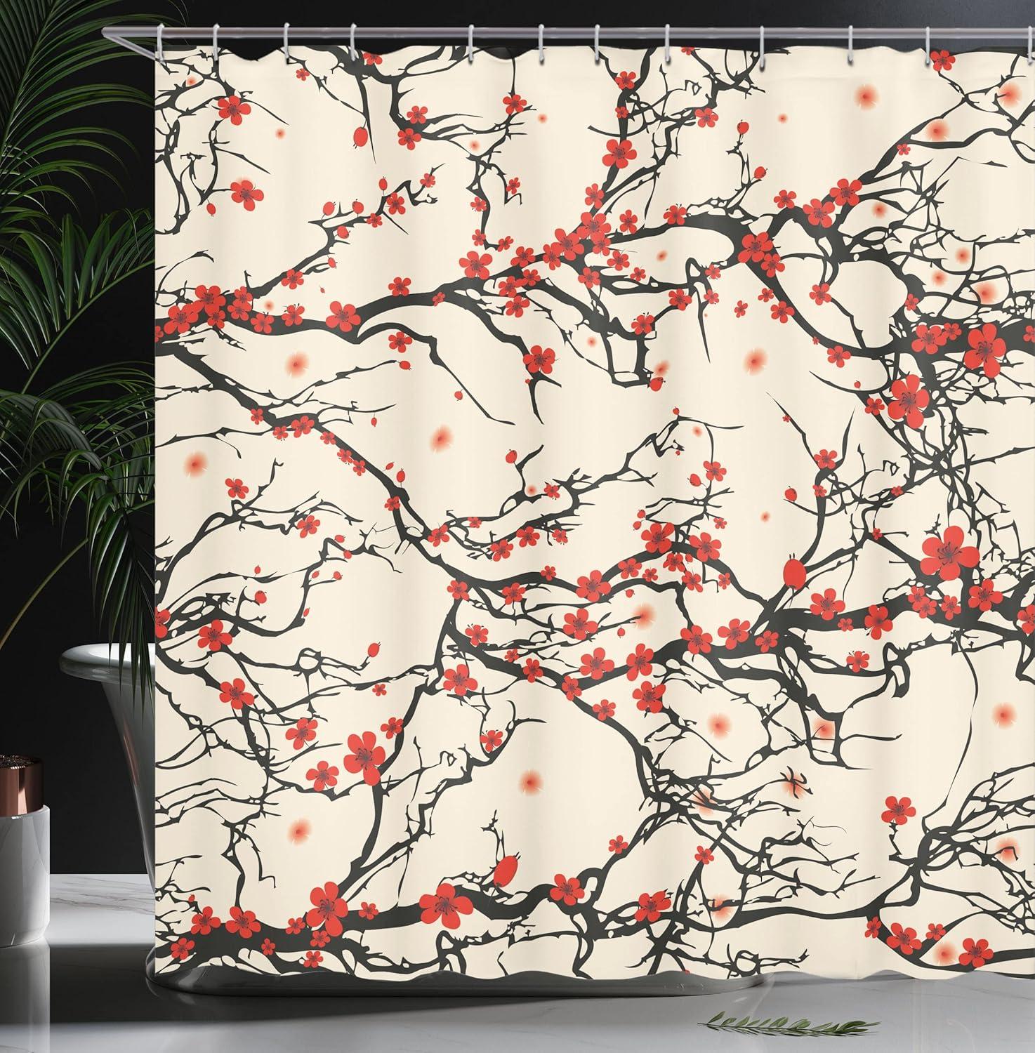 imageAmbesonne Floral Shower Curtain Curved Flower Leaf Ornate Blooming Branches Romantic Love Print Art Cloth Fabric Bathroom Decor Set with Hooks 69 W x 70 L Pale TanBrown Vermilion