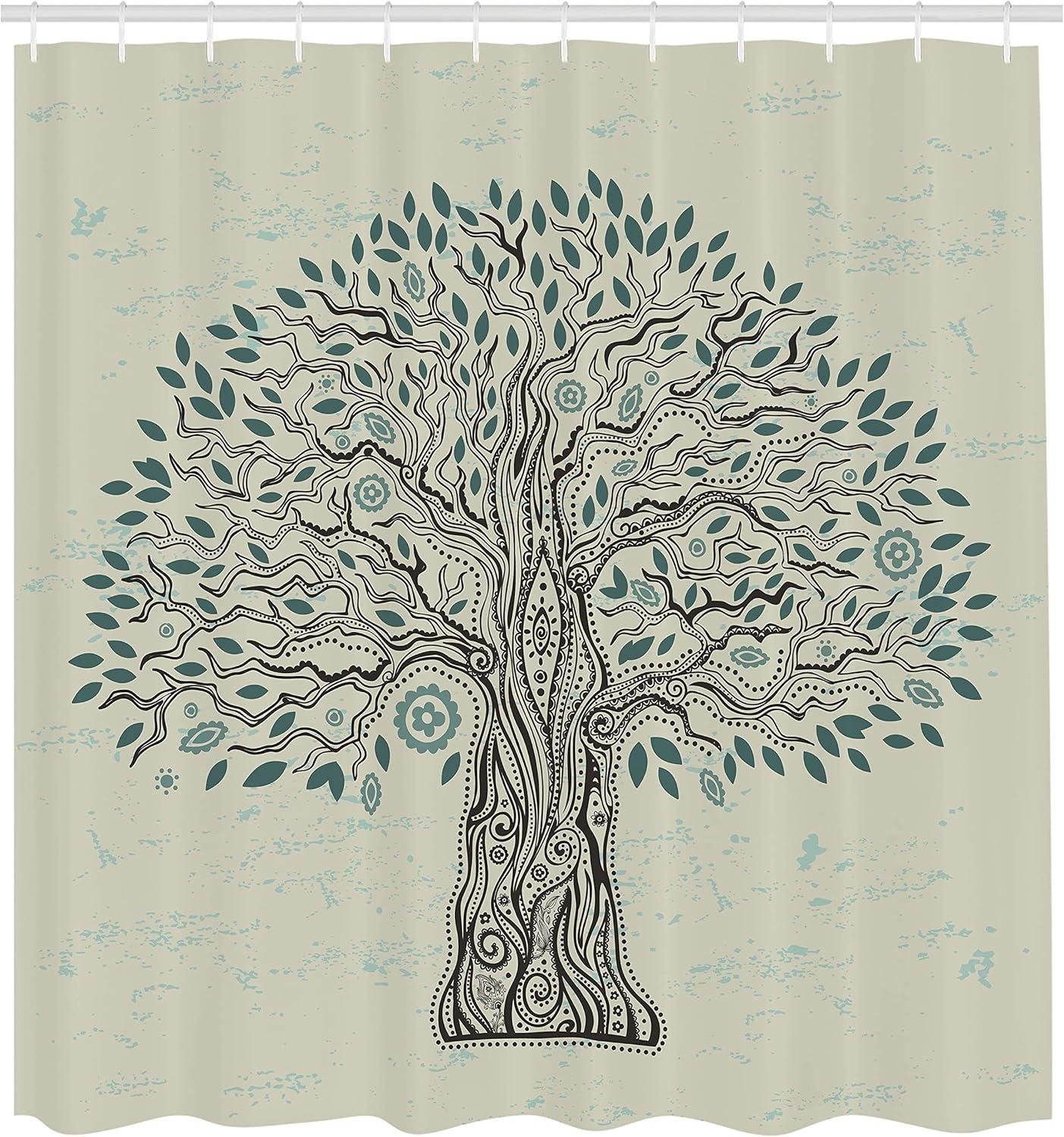 imageAmbesonne Floral Shower Curtain Curved Flower Leaf Ornate Blooming Branches Romantic Love Print Art Cloth Fabric Bathroom Decor Set with Hooks 69 W x 70 L Pale TanDark Cadet Blue and Black