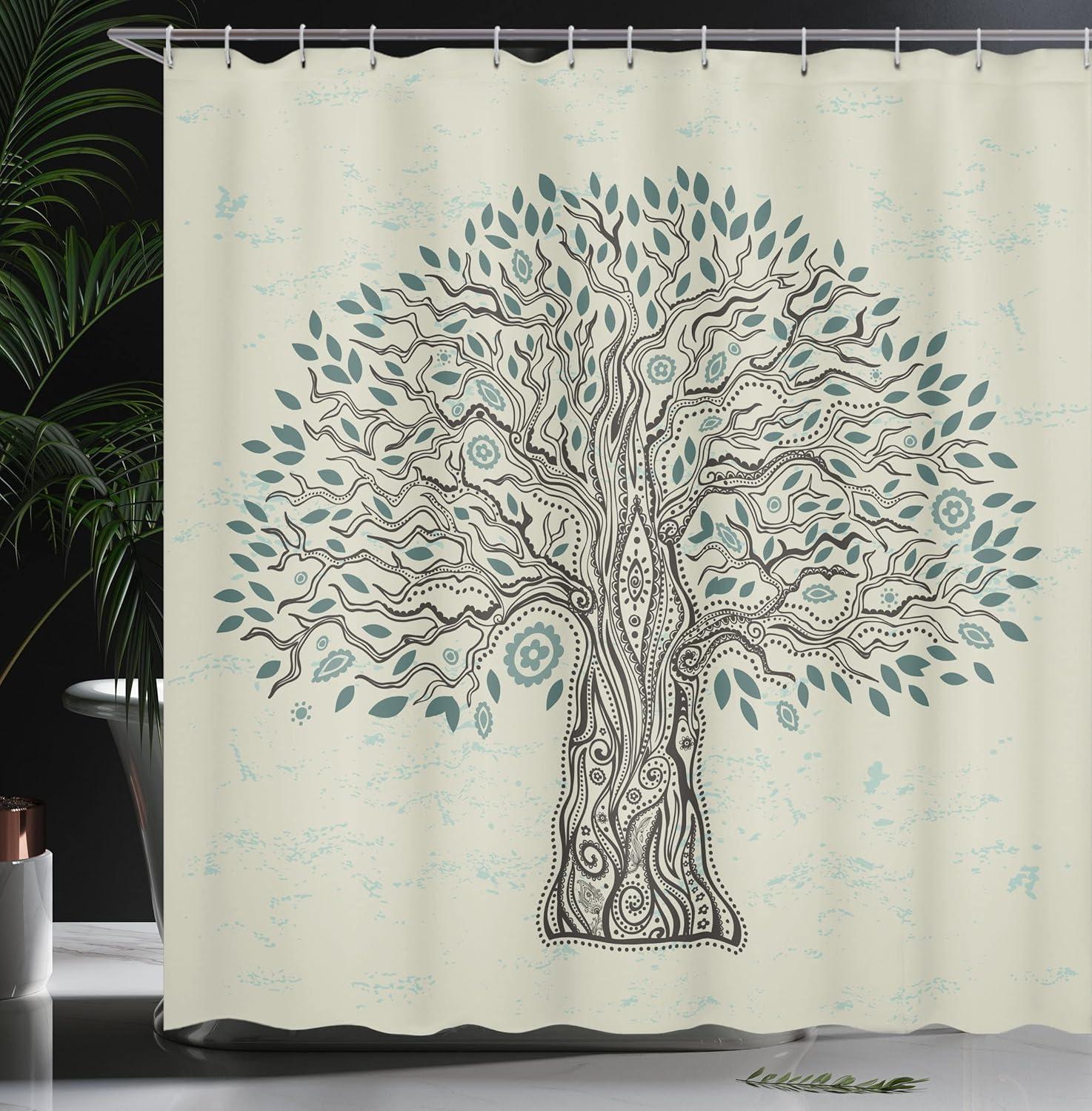 imageAmbesonne Floral Shower Curtain Curved Flower Leaf Ornate Blooming Branches Romantic Love Print Art Cloth Fabric Bathroom Decor Set with Hooks 69 W x 70 L Pale TanDark Cadet Blue and Black