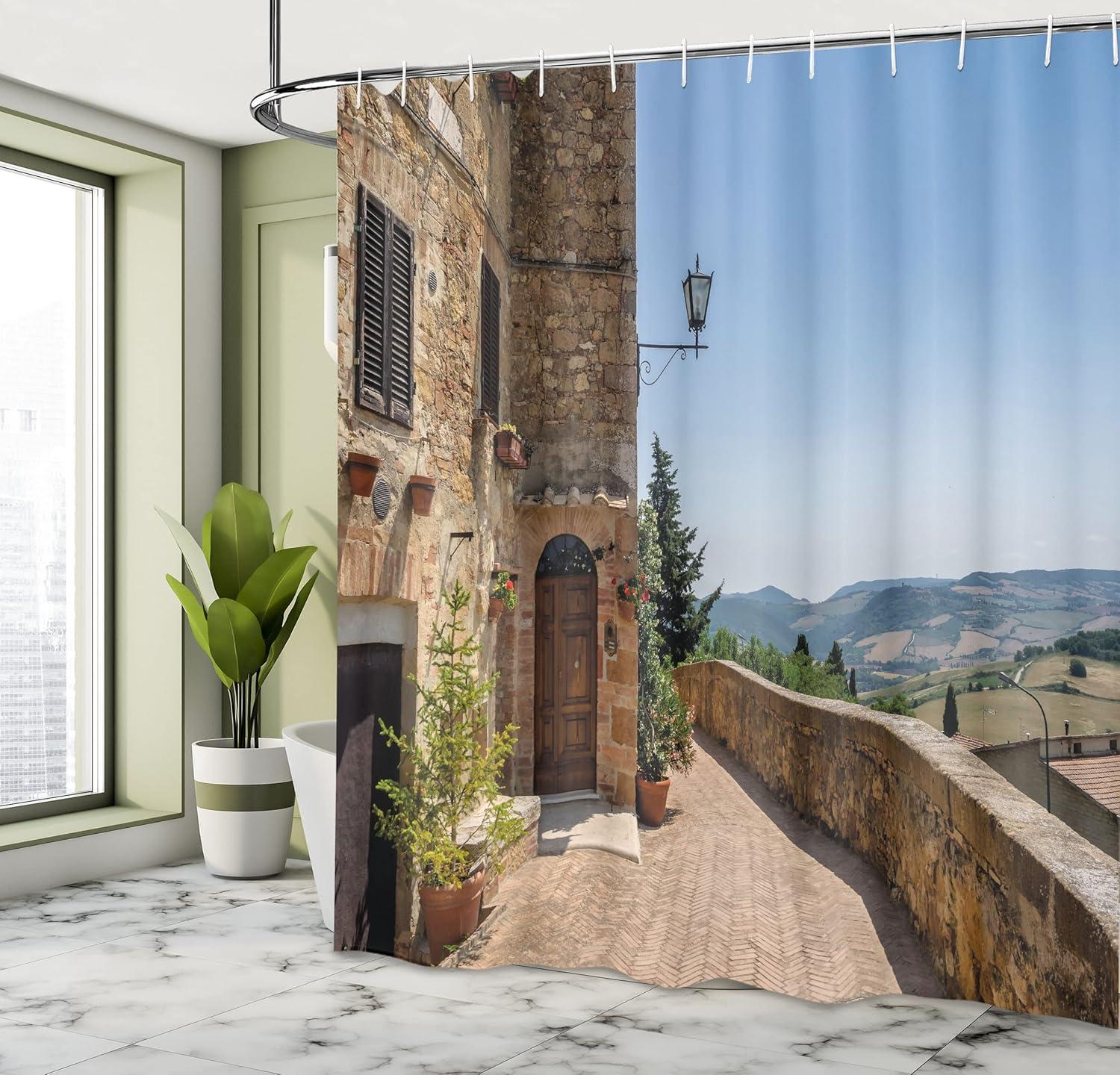 imageAmbesonne Floral Shower Curtain Curved Flower Leaf Ornate Blooming Branches Romantic Love Print Art Cloth Fabric Bathroom Decor Set with Hooks 69 W x 70 L Pale TanBrown Blue