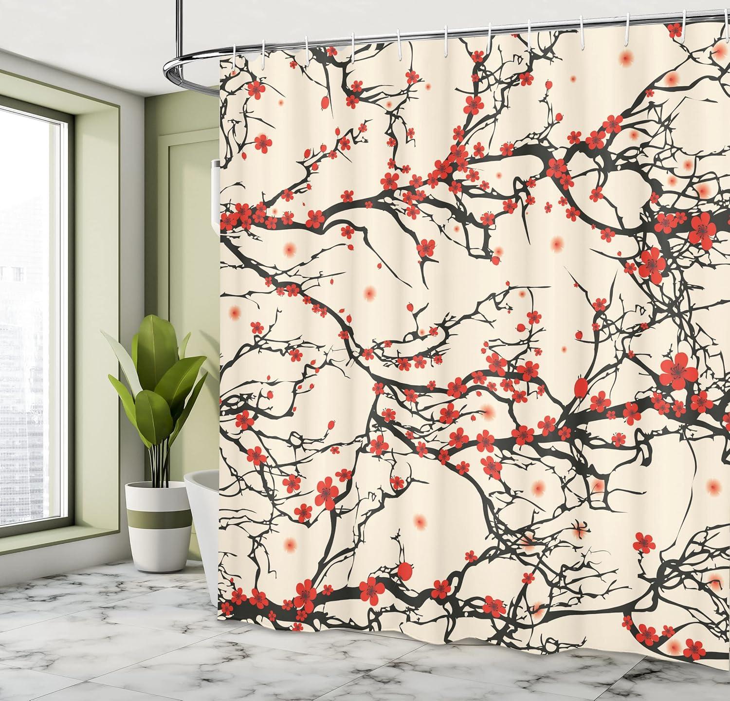 imageAmbesonne Floral Shower Curtain Curved Flower Leaf Ornate Blooming Branches Romantic Love Print Art Cloth Fabric Bathroom Decor Set with Hooks 69 W x 70 L Pale TanBrown Vermilion