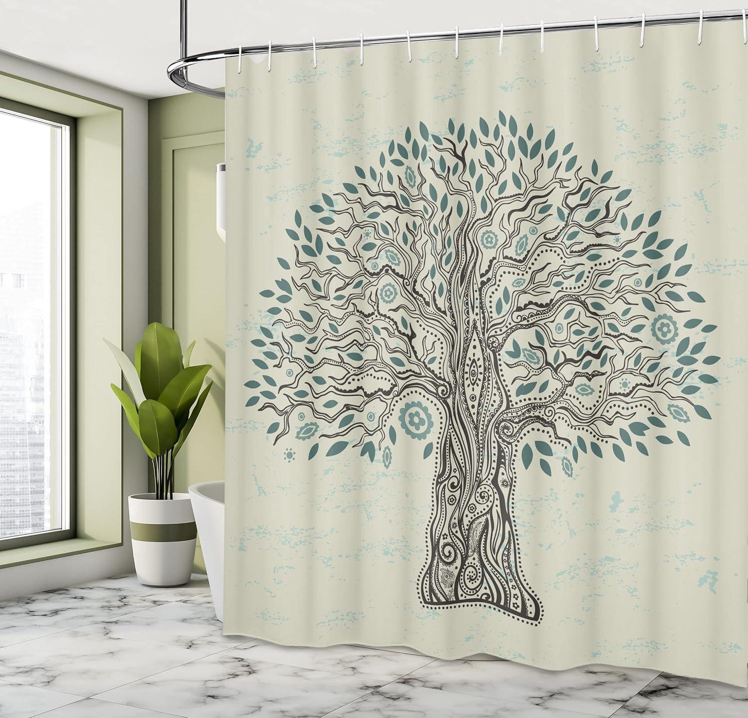 imageAmbesonne Floral Shower Curtain Curved Flower Leaf Ornate Blooming Branches Romantic Love Print Art Cloth Fabric Bathroom Decor Set with Hooks 69 W x 70 L Pale TanDark Cadet Blue and Black
