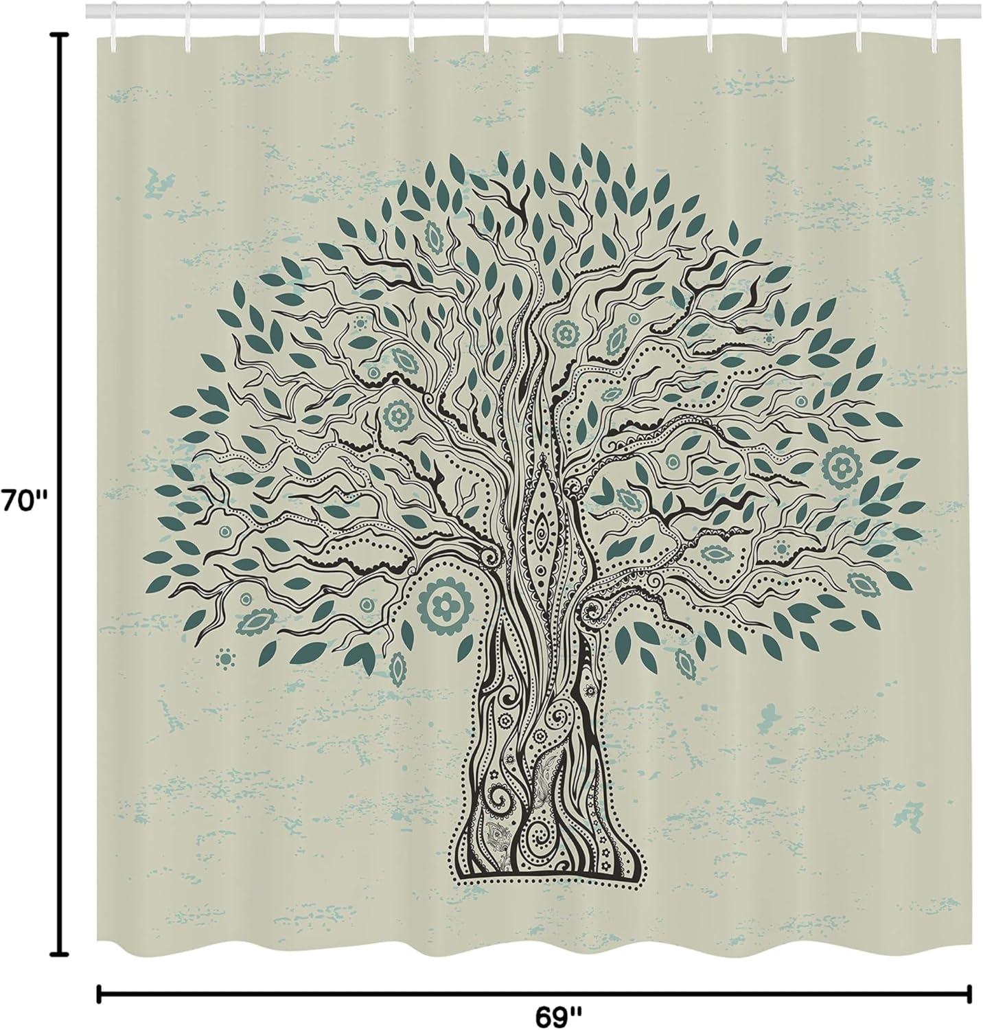 imageAmbesonne Floral Shower Curtain Curved Flower Leaf Ornate Blooming Branches Romantic Love Print Art Cloth Fabric Bathroom Decor Set with Hooks 69 W x 70 L Pale TanDark Cadet Blue and Black