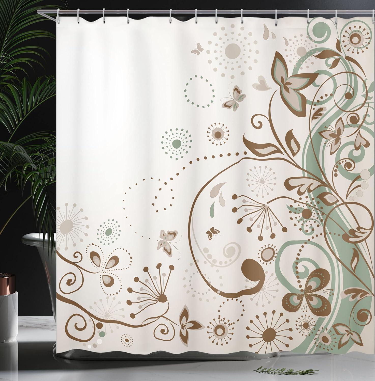 imageAmbesonne Floral Shower Curtain Curved Flower Leaf Ornate Blooming Branches Romantic Love Print Art Cloth Fabric Bathroom Decor Set with Hooks 69 W x 70 L Pale TanPale Tan