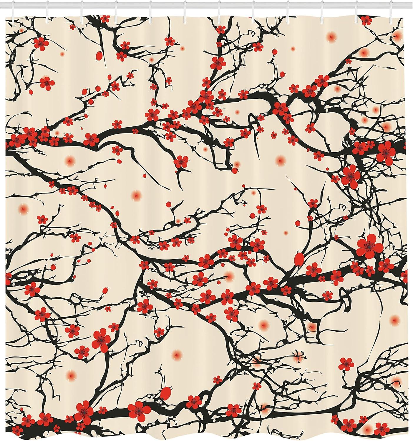 imageAmbesonne Floral Shower Curtain Curved Flower Leaf Ornate Blooming Branches Romantic Love Print Art Cloth Fabric Bathroom Decor Set with Hooks 69 W x 70 L Pale TanBrown Vermilion