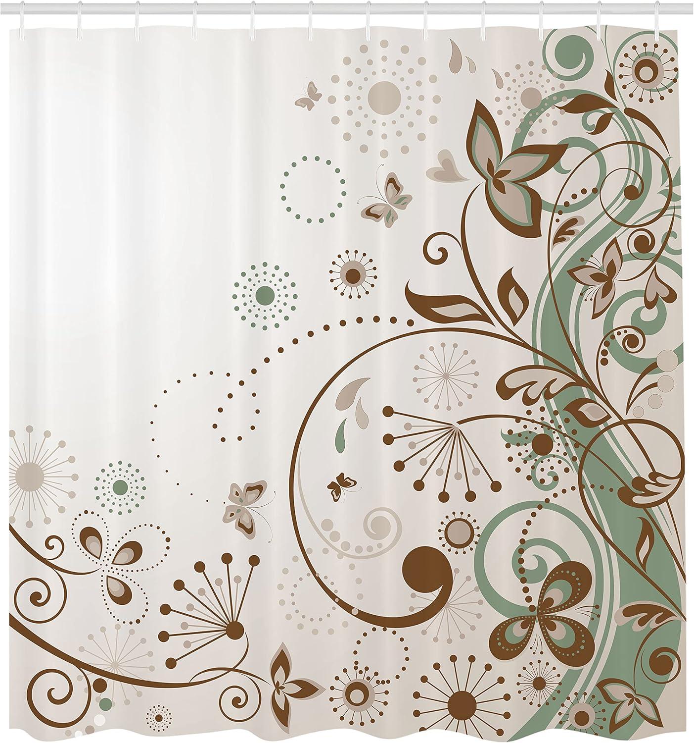 imageAmbesonne Floral Shower Curtain Curved Flower Leaf Ornate Blooming Branches Romantic Love Print Art Cloth Fabric Bathroom Decor Set with Hooks 69 W x 70 L Pale TanPale Tan