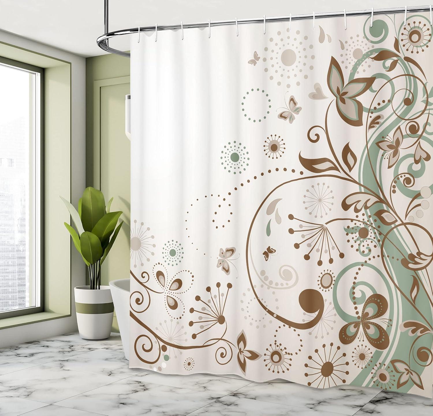 imageAmbesonne Floral Shower Curtain Curved Flower Leaf Ornate Blooming Branches Romantic Love Print Art Cloth Fabric Bathroom Decor Set with Hooks 69 W x 70 L Pale TanPale Tan