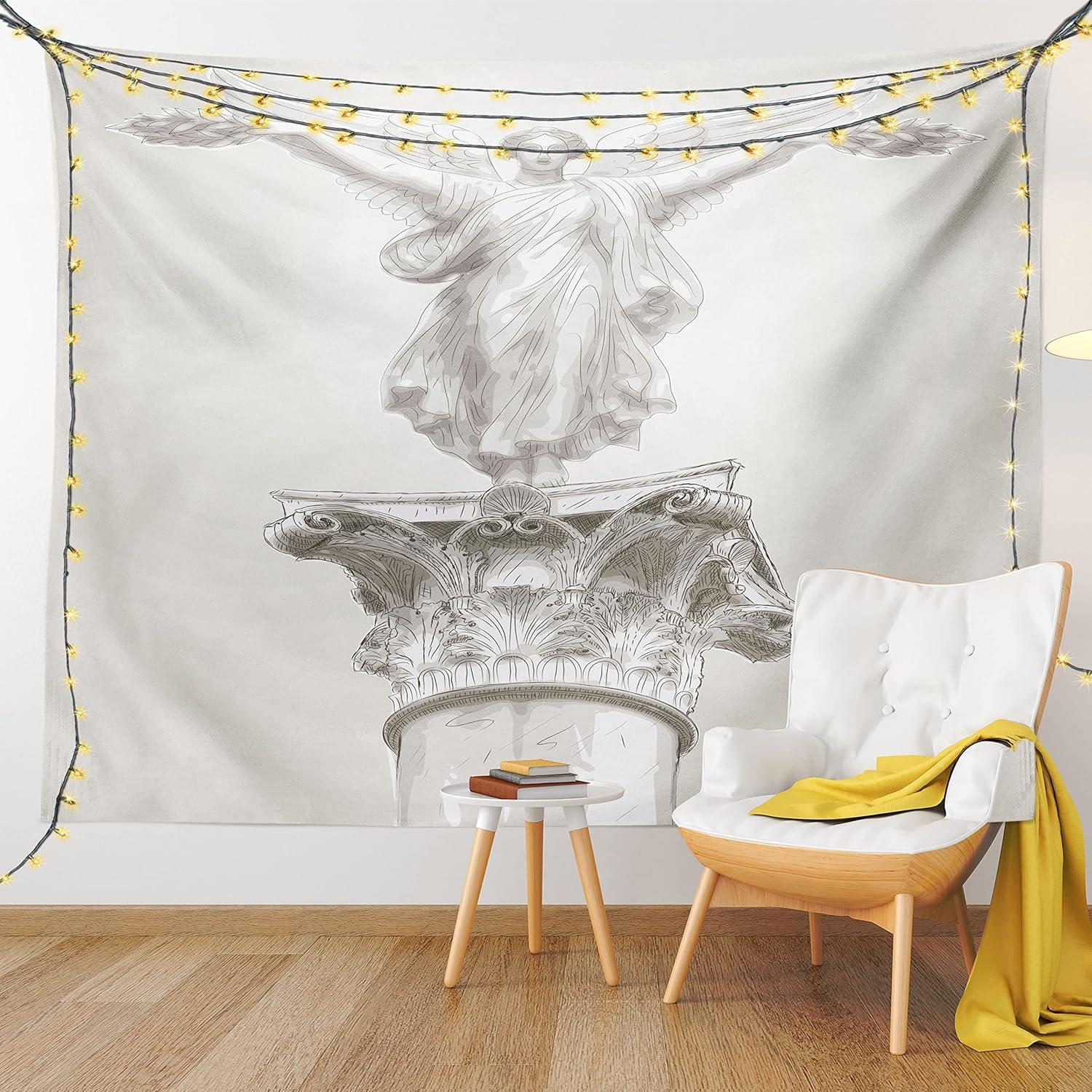 imageAmbesonne Retro Tapestry Angel Greek Muse on NeoClassic Pillars Relic Print Antique Neutral Toned Graphic Print Fabric Wall Hanging Decor for Bedroom Living Room Dorm 23 X 28 WhiteWhite Eggshell