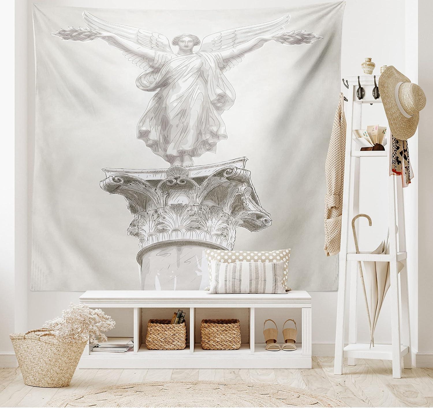 imageAmbesonne Retro Tapestry Angel Greek Muse on NeoClassic Pillars Relic Print Antique Neutral Toned Graphic Print Fabric Wall Hanging Decor for Bedroom Living Room Dorm 23 X 28 WhiteWhite Eggshell