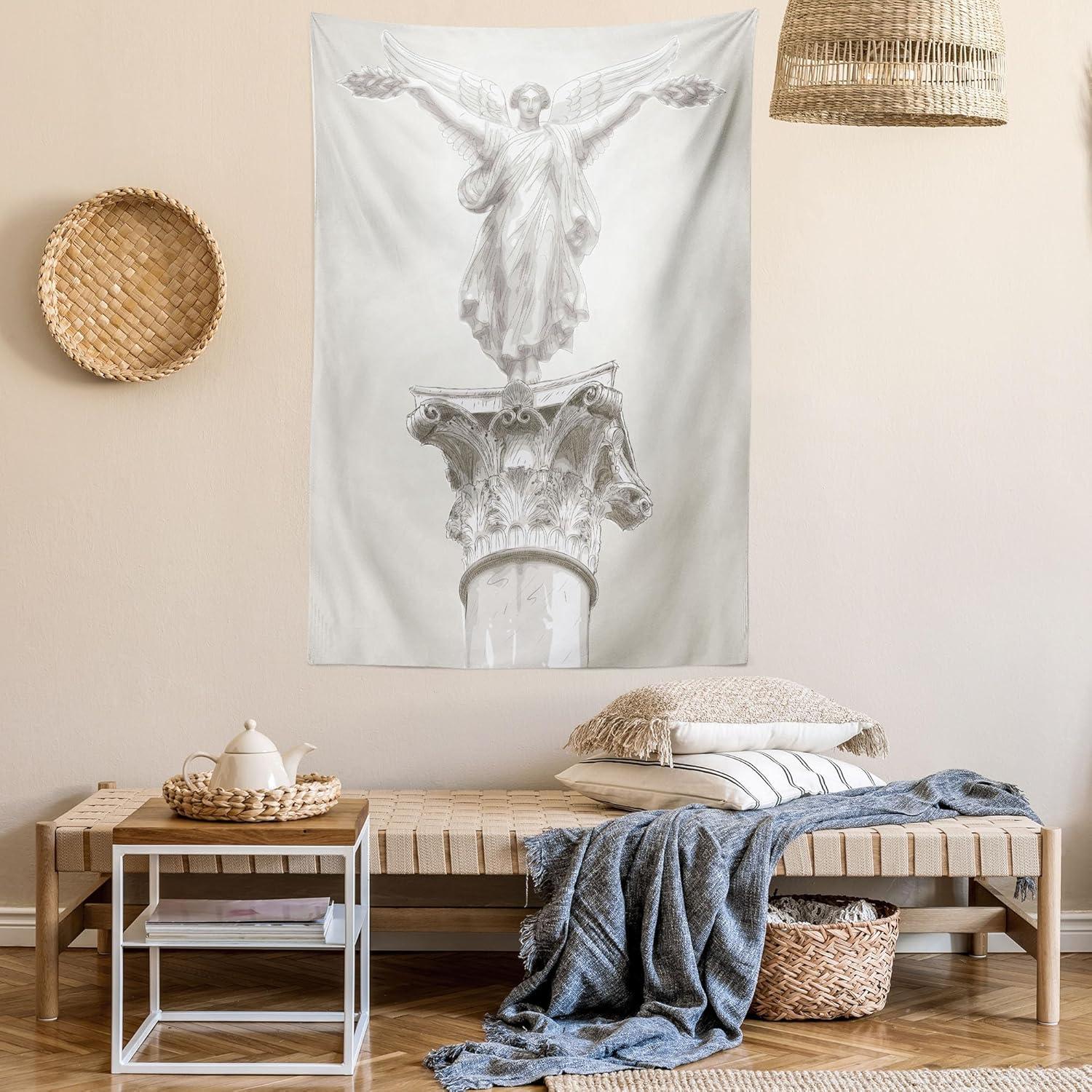 imageAmbesonne Retro Tapestry Angel Greek Muse on NeoClassic Pillars Relic Print Antique Neutral Toned Graphic Print Fabric Wall Hanging Decor for Bedroom Living Room Dorm 23 X 28 WhiteWhite Eggshell