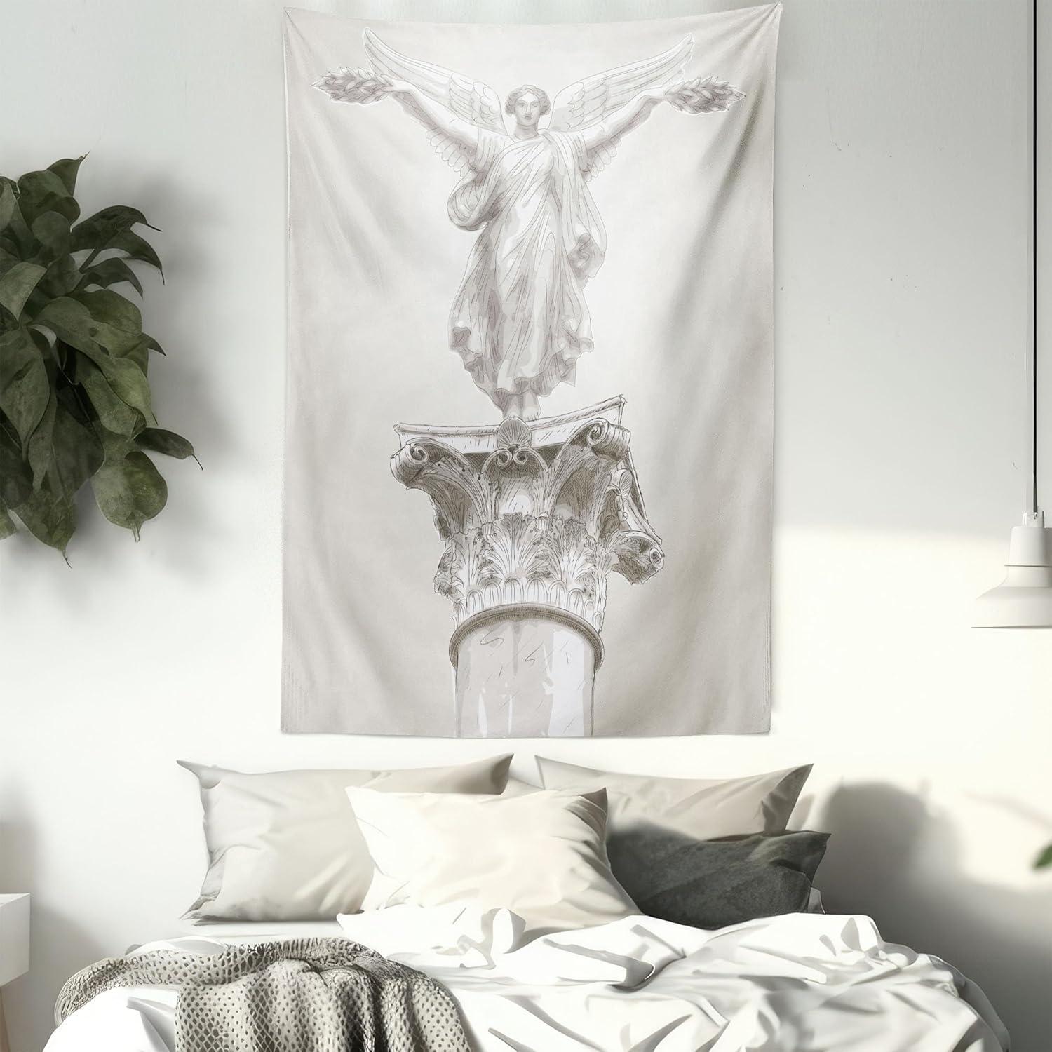 imageAmbesonne Retro Tapestry Angel Greek Muse on NeoClassic Pillars Relic Print Antique Neutral Toned Graphic Print Fabric Wall Hanging Decor for Bedroom Living Room Dorm 23 X 28 WhiteWhite Eggshell