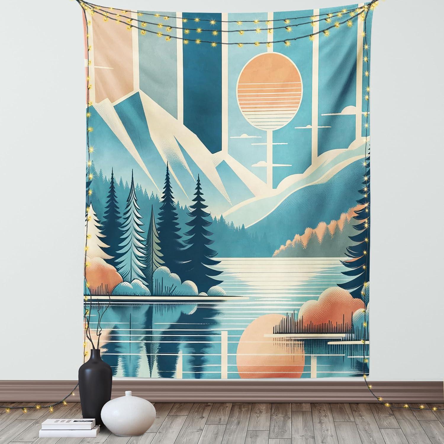 imageAmbesonne Retro Tapestry Angel Greek Muse on NeoClassic Pillars Relic Print Antique Neutral Toned Graphic Print Fabric Wall Hanging Decor for Bedroom Living Room Dorm 23 X 28 WhiteSea Blue Salmon