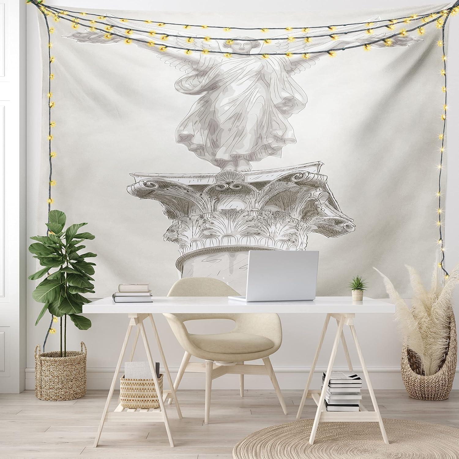 imageAmbesonne Retro Tapestry Angel Greek Muse on NeoClassic Pillars Relic Print Antique Neutral Toned Graphic Print Fabric Wall Hanging Decor for Bedroom Living Room Dorm 23 X 28 WhiteWhite Eggshell