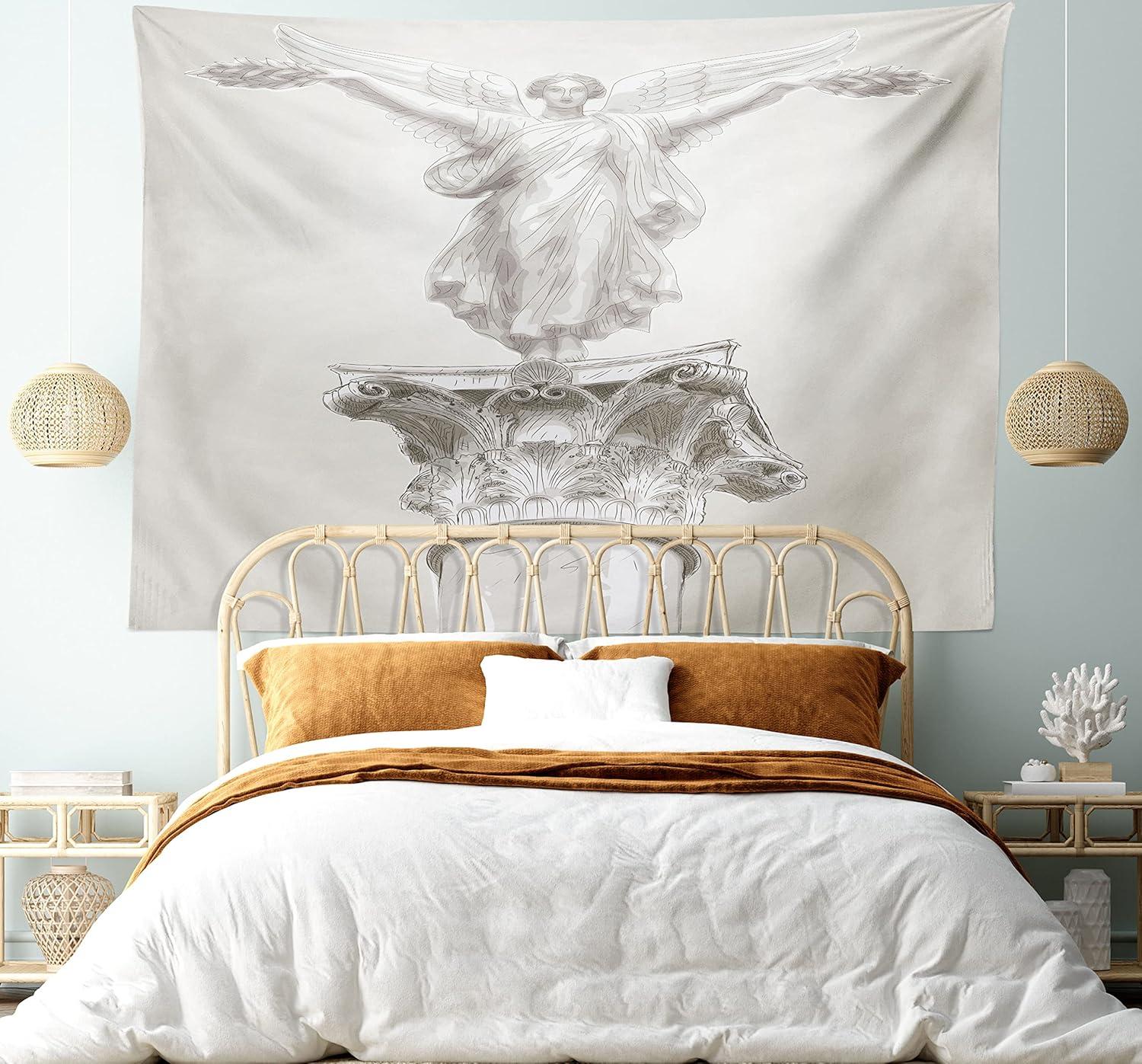 imageAmbesonne Retro Tapestry Angel Greek Muse on NeoClassic Pillars Relic Print Antique Neutral Toned Graphic Print Fabric Wall Hanging Decor for Bedroom Living Room Dorm 23 X 28 WhiteWhite Eggshell