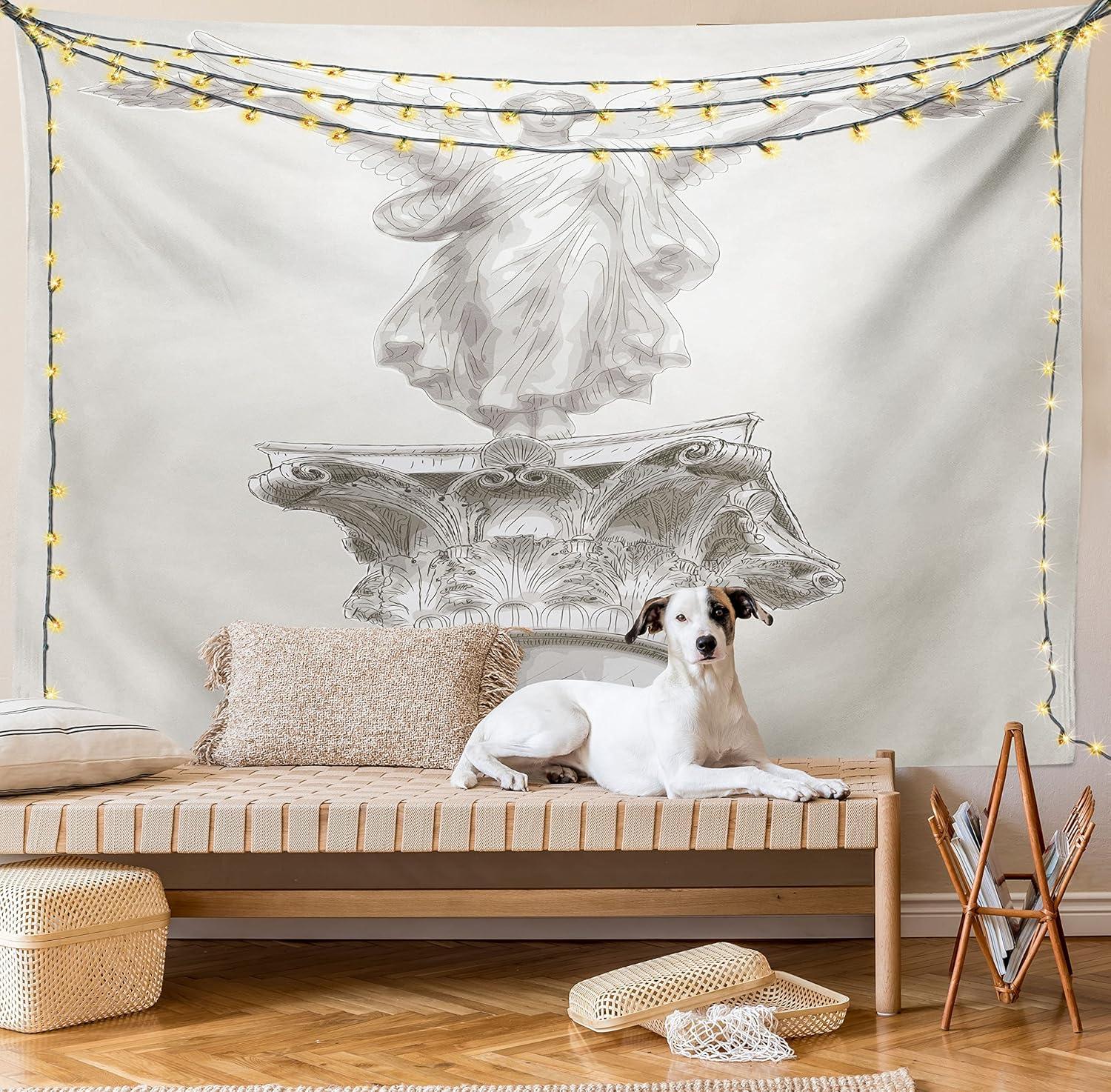 imageAmbesonne Retro Tapestry Angel Greek Muse on NeoClassic Pillars Relic Print Antique Neutral Toned Graphic Print Fabric Wall Hanging Decor for Bedroom Living Room Dorm 23 X 28 WhiteWhite Eggshell