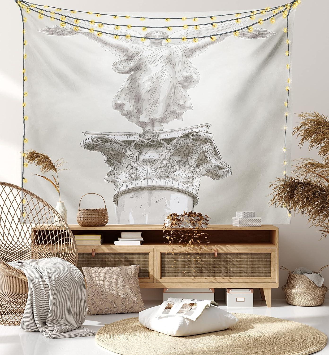 imageAmbesonne Retro Tapestry Angel Greek Muse on NeoClassic Pillars Relic Print Antique Neutral Toned Graphic Print Fabric Wall Hanging Decor for Bedroom Living Room Dorm 23 X 28 WhiteWhite Eggshell