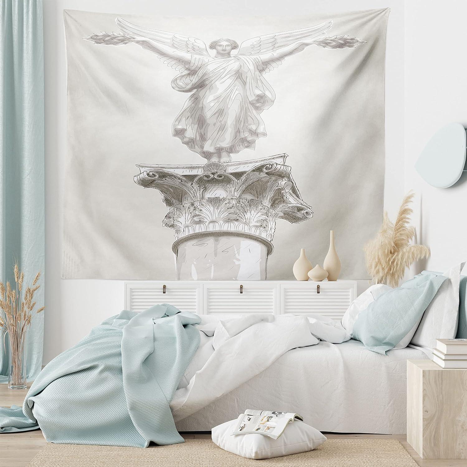 imageAmbesonne Retro Tapestry Angel Greek Muse on NeoClassic Pillars Relic Print Antique Neutral Toned Graphic Print Fabric Wall Hanging Decor for Bedroom Living Room Dorm 23 X 28 WhiteWhite Eggshell