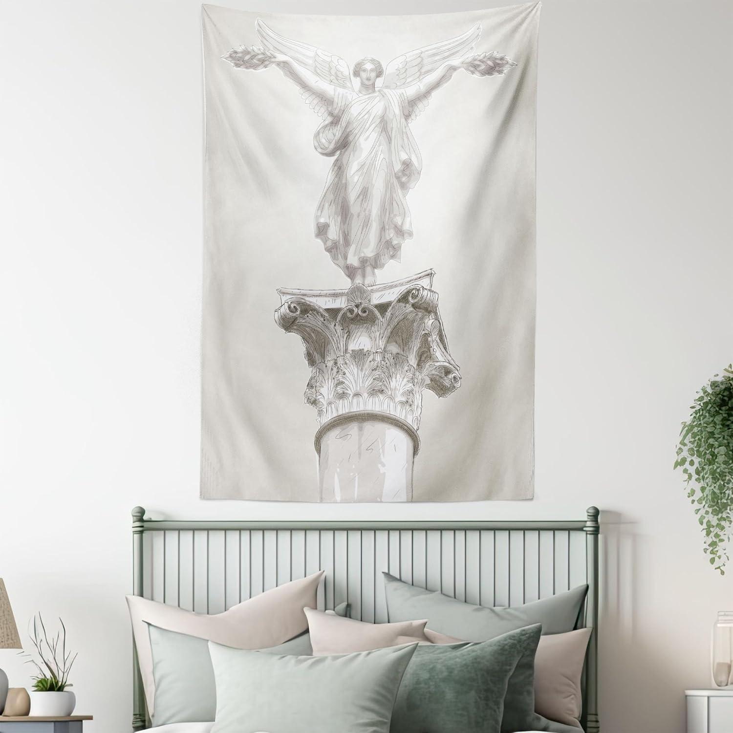 imageAmbesonne Retro Tapestry Angel Greek Muse on NeoClassic Pillars Relic Print Antique Neutral Toned Graphic Print Fabric Wall Hanging Decor for Bedroom Living Room Dorm 23 X 28 WhiteWhite Eggshell