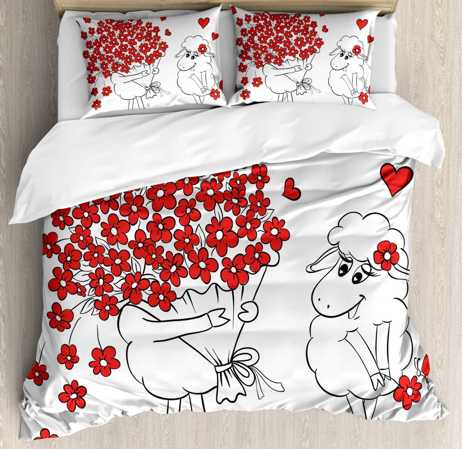 imageAmbesonne Romantic Duvet Cover Set Valentines Day Themed Hearts with Floral Arrangement Romantic Amour Illustration Decorative 3 Piece Bedding Set with 2 Pillow Shams Queen Size Pink WhiteRed White