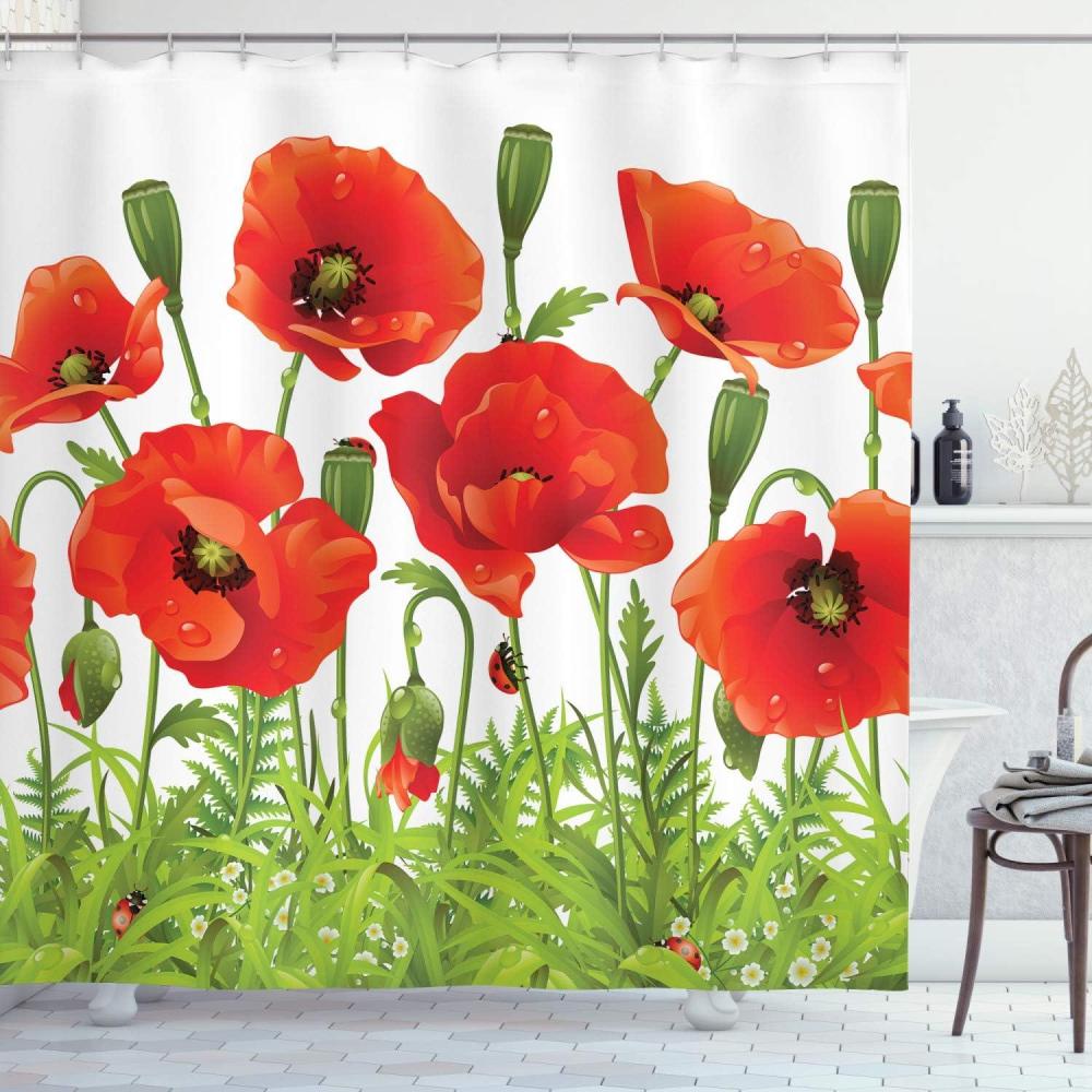 imageAmbesonne Floral Shower Curtain Curved Flower Leaf Ornate Blooming Branches Romantic Love Print Art Cloth Fabric Bathroom Decor Set with Hooks 69 W x 70 L Pale TanGreen Red