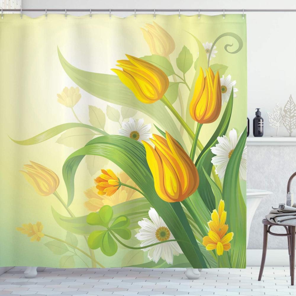 imageAmbesonne Floral Shower Curtain Curved Flower Leaf Ornate Blooming Branches Romantic Love Print Art Cloth Fabric Bathroom Decor Set with Hooks 69 W x 70 L Pale TanYellow Green