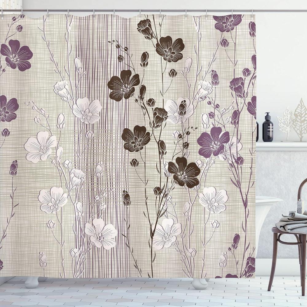 imageAmbesonne Floral Shower Curtain Curved Flower Leaf Ornate Blooming Branches Romantic Love Print Art Cloth Fabric Bathroom Decor Set with Hooks 69 W x 70 L Pale TanPale Eggplant