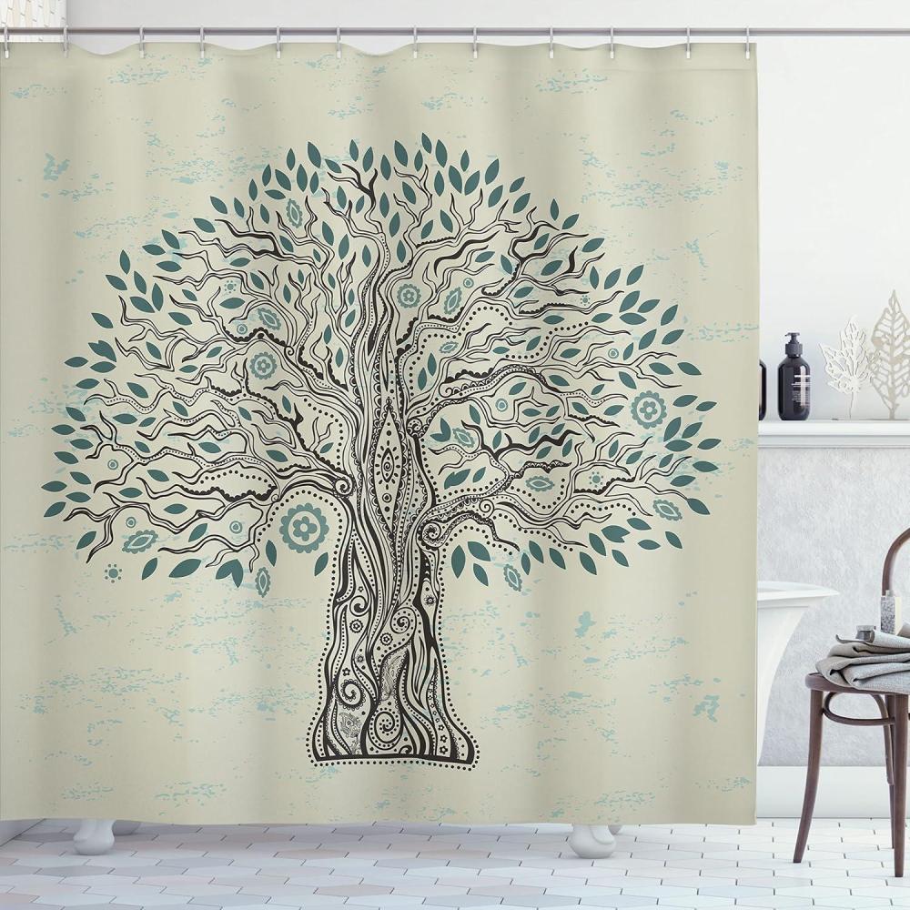 imageAmbesonne Floral Shower Curtain Curved Flower Leaf Ornate Blooming Branches Romantic Love Print Art Cloth Fabric Bathroom Decor Set with Hooks 69 W x 70 L Pale TanDark Cadet Blue and Black