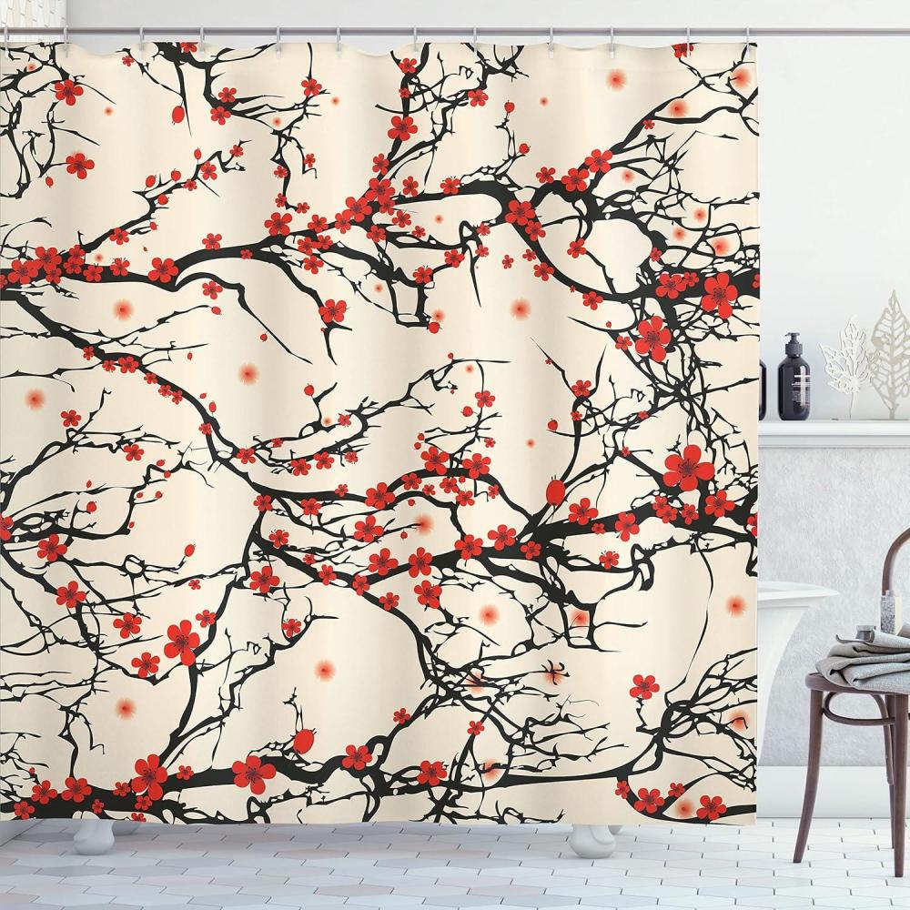 imageAmbesonne Floral Shower Curtain Curved Flower Leaf Ornate Blooming Branches Romantic Love Print Art Cloth Fabric Bathroom Decor Set with Hooks 69 W x 70 L Pale TanBrown Vermilion