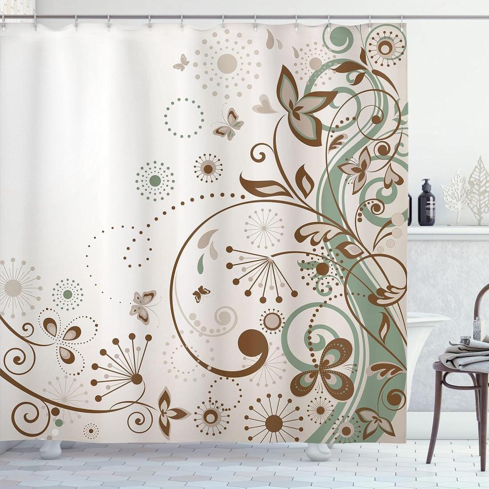 imageAmbesonne Floral Shower Curtain Curved Flower Leaf Ornate Blooming Branches Romantic Love Print Art Cloth Fabric Bathroom Decor Set with Hooks 69 W x 70 L Pale TanPale Tan