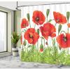 Ambesonne Floral Shower Curtain, Curved Flower Leaf Ornate Blooming Branches Romantic Love Print Art, Cloth Fabric Bathroom Decor Set with Hooks, 69″ W x 70″ L, Pale Tan(Green Red)