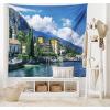 Ambesonne Retro Tapestry, Angel Greek Muse on NeoClassic Pillars Relic Print Antique Neutral Toned Graphic Print, Fabric Wall Hanging Decor for Bedroom Living Room Dorm, 23″ X 28″, White(Green Blue)