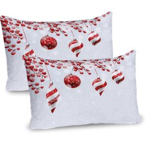 Ambesonne Christmas Pillow Sham Set of 2, Traditional Design Holly Berry Branches Snow and Bokeh Effect Print, Quality Microfiber Bedding Item for All Seasons, 26″ x 20″, Red White