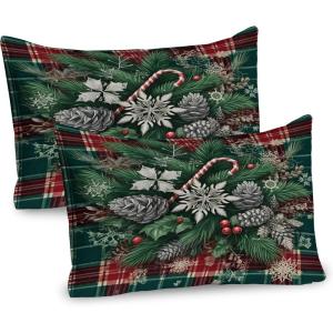 Ambesonne Christmas Pillow Sham Set of 2, Traditional Xmas Pinecone Candies and Leaves Ornate on Plaid Background, Quality Microfiber Bedding Item for All Seasons, 26″ x 20″, Green Grey and Ruby