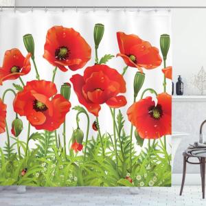 Ambesonne Floral Shower Curtain, Curved Flower Leaf Ornate Blooming Branches Romantic Love Print Art, Cloth Fabric Bathroom Decor Set with Hooks, 69″ W x 70″ L, Pale Tan(Green Red)