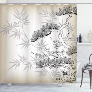Ambesonne Floral Shower Curtain, Curved Flower Leaf Ornate Blooming Branches Romantic Love Print Art, Cloth Fabric Bathroom Decor Set with Hooks, 69″ W x 70″ L, Pale Tan(Black and Ecru)